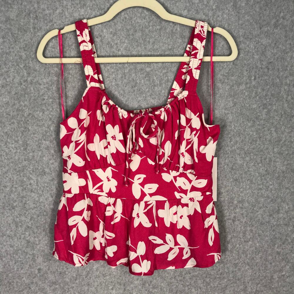 Babydoll Ruched Milkmaid Tank Top Medium Pink Tropical Ruchedl Ruffle Peplum‎
